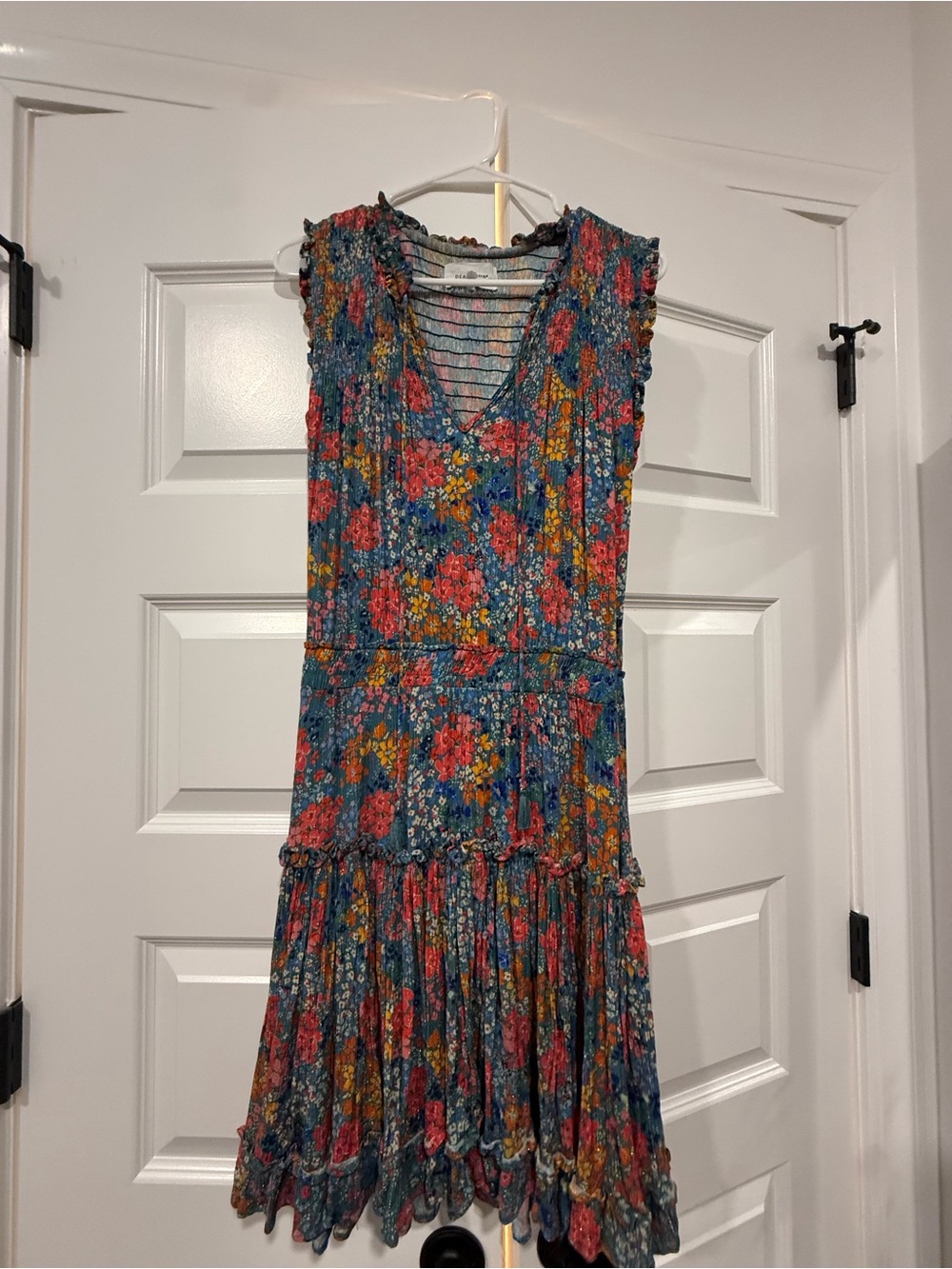 Dear John Teal Floral Midi Dress with Coral and Yellow Blooms